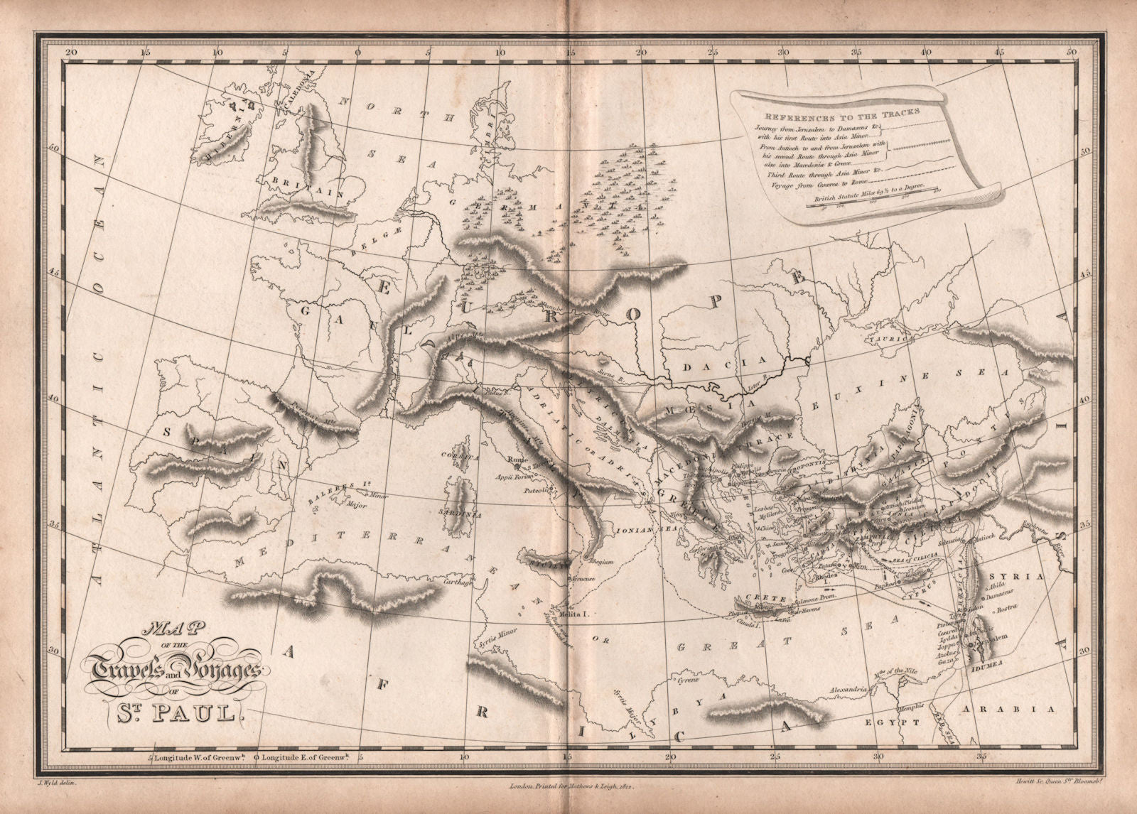 Map of the Travels and Voyages of St. Paul. Mediterranean. WYLD 1812 old